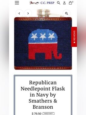 Red Elephant Motif Republican Needlepoint Flask in Navy by Smathers & Branson